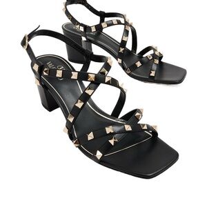 Valentino Black Leather Studded Strappy Block Heel Sandals